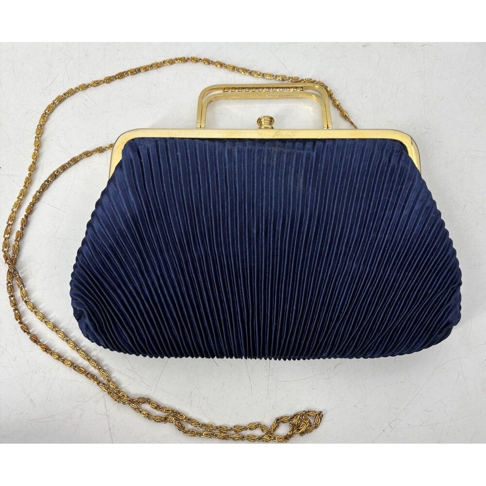 Vintage Navy Blue Pleated Satin Evening Bag Gold Rhinestone Handle Chain Clutch